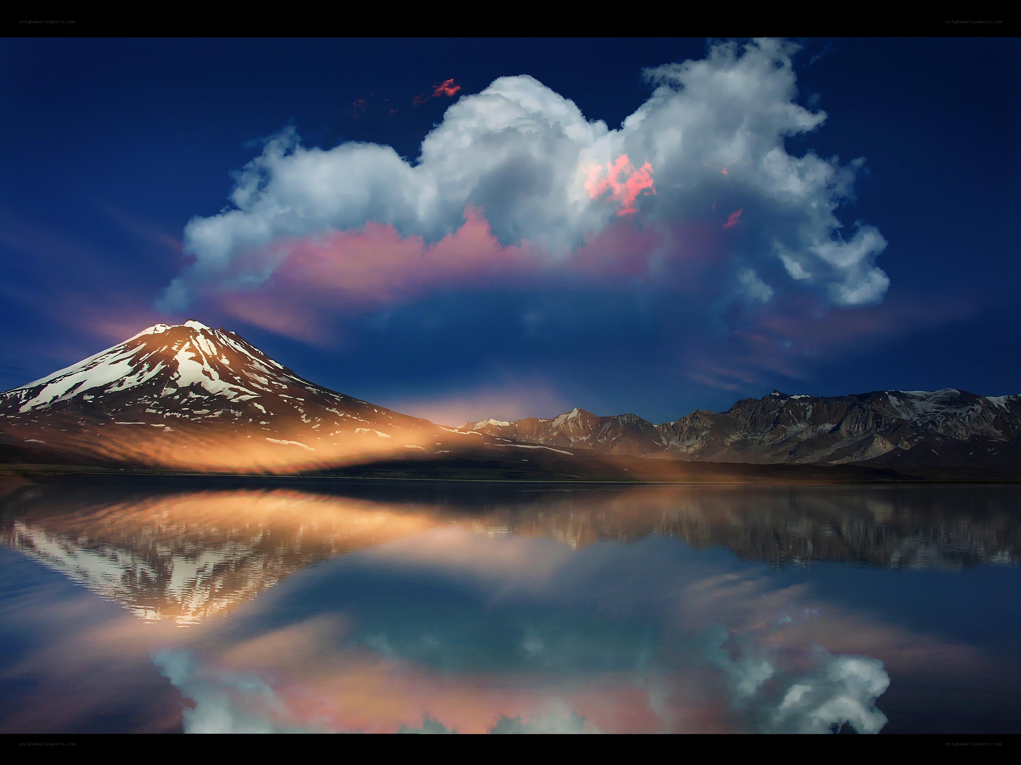 Mountain reflected in lake at sunset