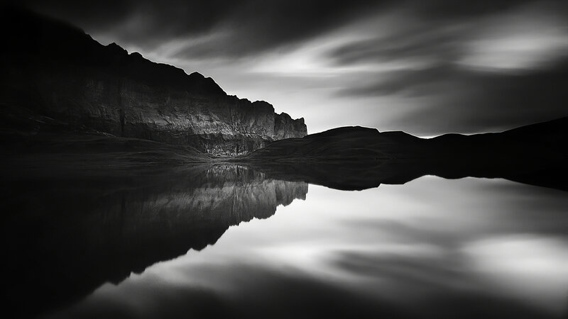 Mountain Reflected in Lake — Black, Dramatic
