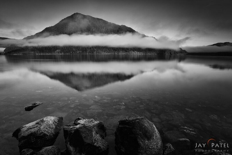 Mountain Reflected in Lake — Black, Serene, Morning