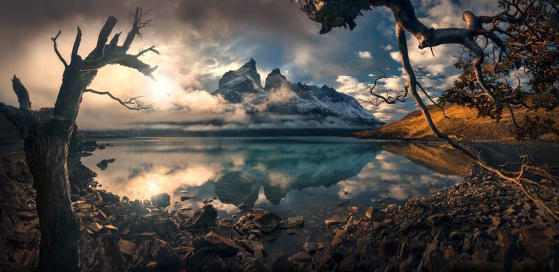 Mountain Reflected in Lake — Blue, Dramatic, Sunrise, Photograph