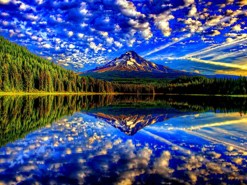 Mountain Reflected in Lake — Blue, Dramatic, Sunrise