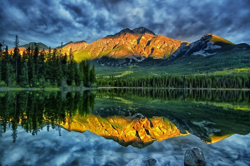 Mountain Reflected in Lake — Blue, Dramatic, Sunset, Photograph, Forest, Clouds, Rock