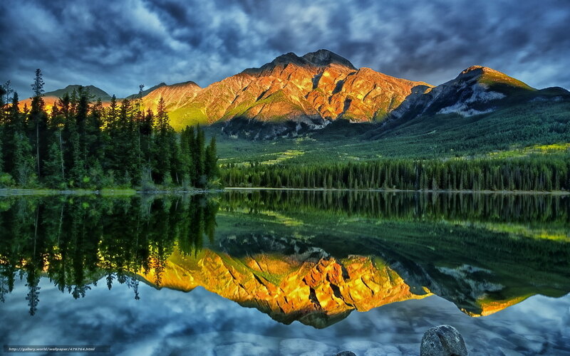 Mountain Reflected in Lake — Blue, Dramatic, Sunset, Photograph, Forest, Clouds
