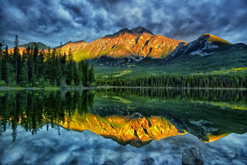 Mountain Reflected in Lake — Blue, Dramatic, Sunset, Photograph, Forest