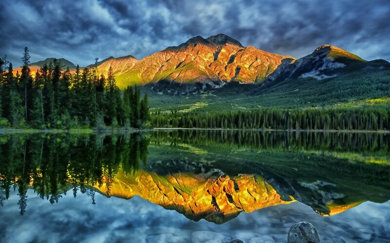 Mountain Reflected in Lake — Blue, Dramatic, Sunset, Photograph
