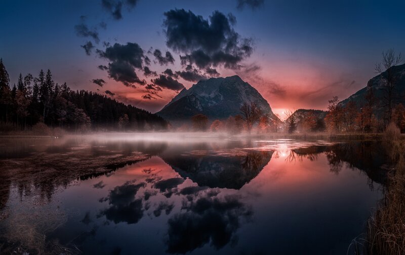 Mountain Reflected in Lake — Blue, Dramatic, Sunset, Photograph, Trees, Clouds