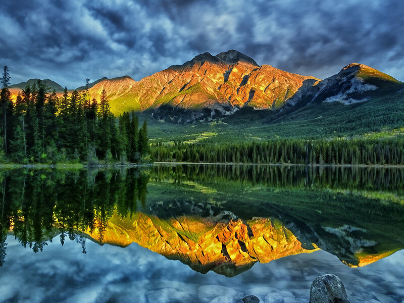 Mountain Reflected in Lake — Blue, Dramatic, Sunset, Photograph, Trees