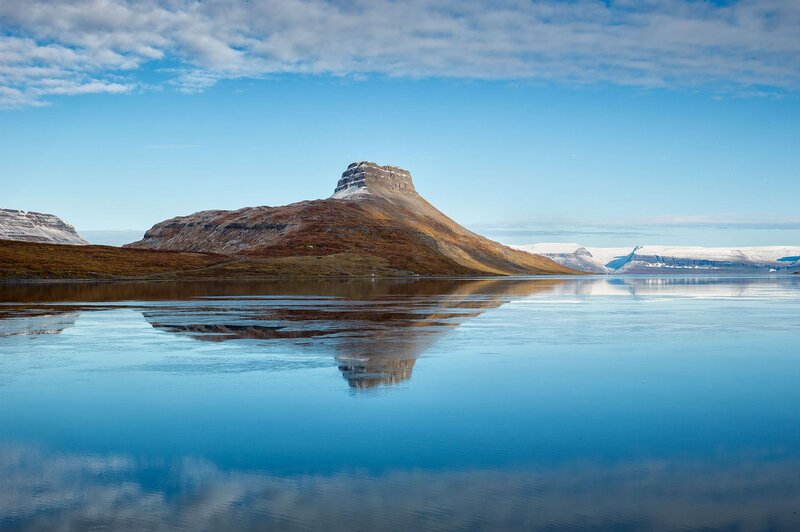 Mountain Reflected in Lake — Blue, Serene, Afternoon, Photograph, Clouds