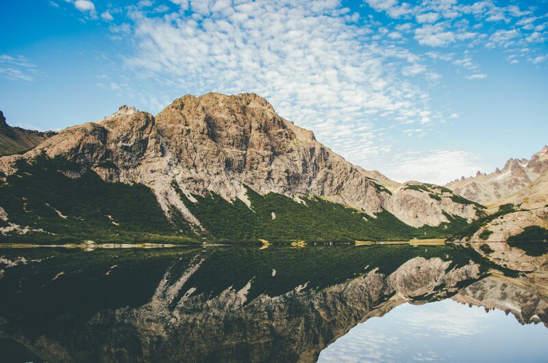 Mountain Reflected in Lake — Blue, Serene, Afternoon, Photograph, Clouds, Trees