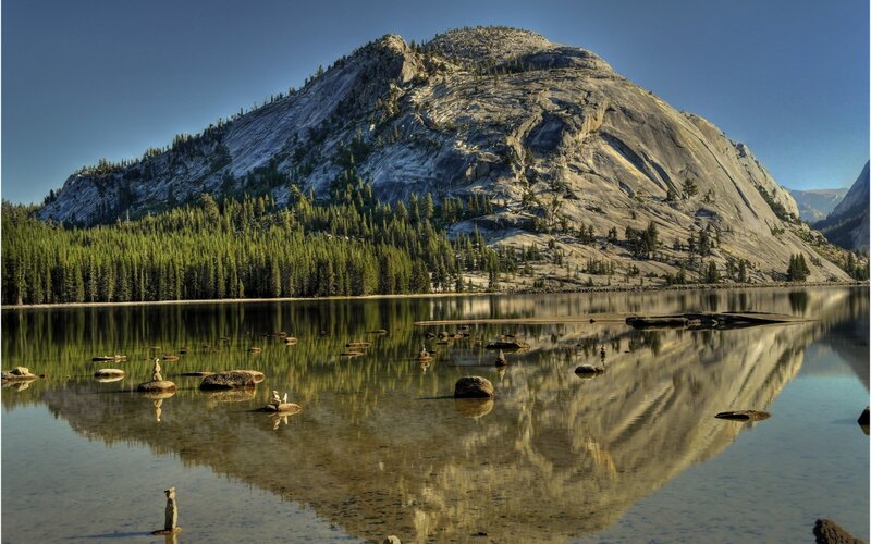Mountain Reflected in Lake — Blue, Serene, Afternoon, Photograph, Forest, Rocks, Trees, Green