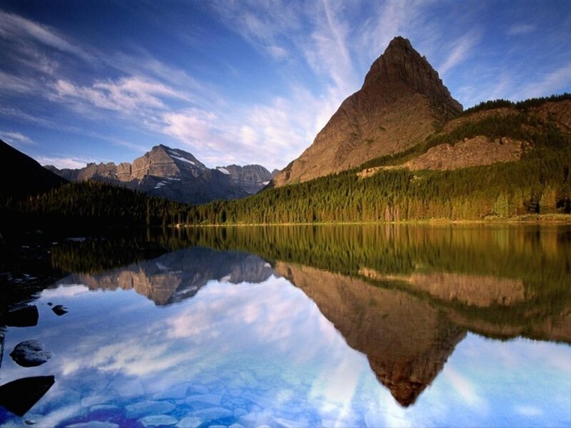 Mountain Reflected in Lake — Blue, Serene, Afternoon, Photograph, Forest, Sky, Clouds, Green