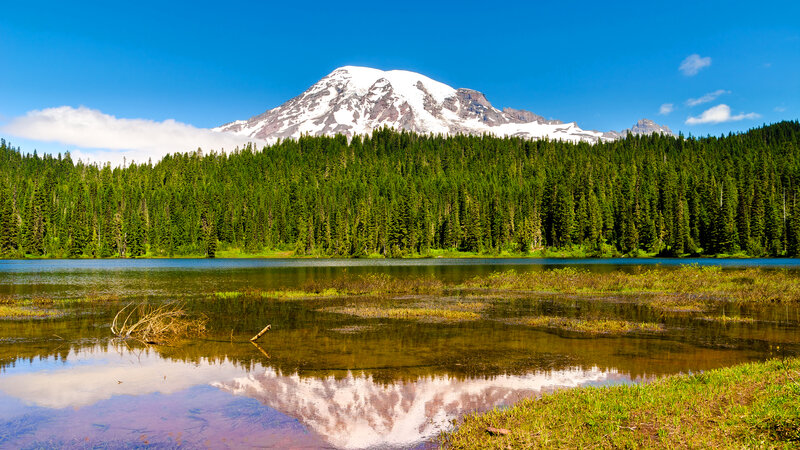 Mountain Reflected in Lake — Blue, Serene, Afternoon, Photograph, Forest, Snow, Sky