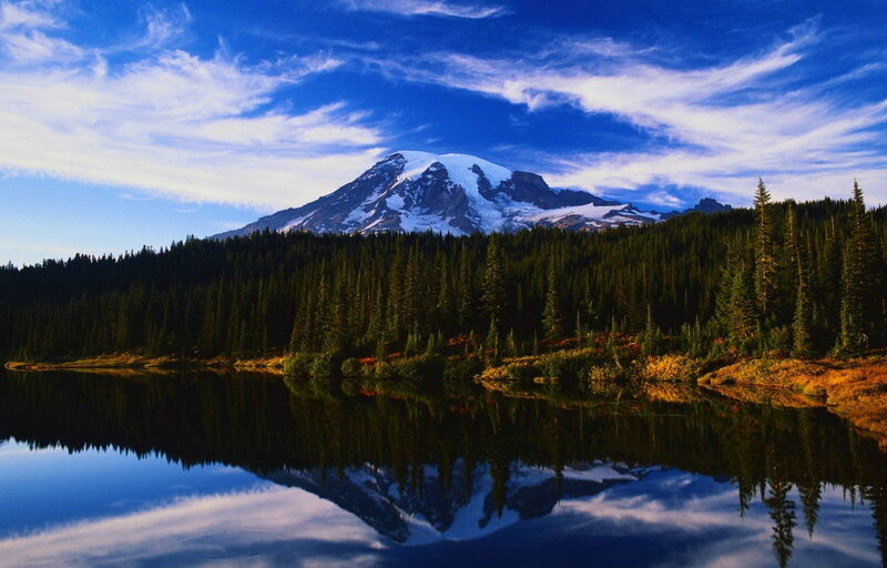 Mountain Reflected in Lake — Blue, Serene, Afternoon, Photograph, Forest, Snow