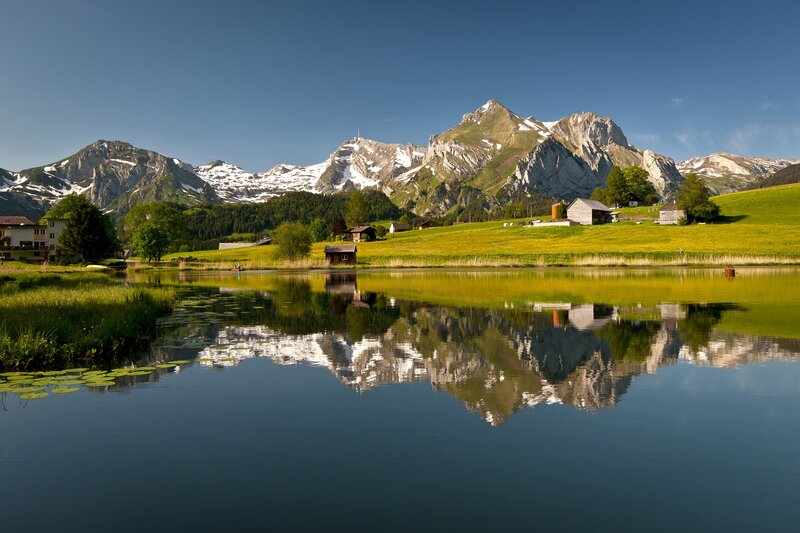 Mountain Reflected in Lake — Blue, Serene, Afternoon, Photograph, Mountains, Grass
