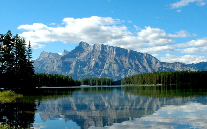 Mountain Reflected in Lake — Blue, Serene, Afternoon, Photograph, Trees, Clouds, Green, Gray