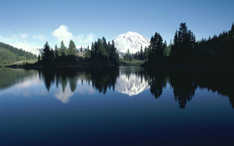 Mountain Reflected in Lake — Blue, Serene, Afternoon, Photograph, Trees, Clouds, Green, White