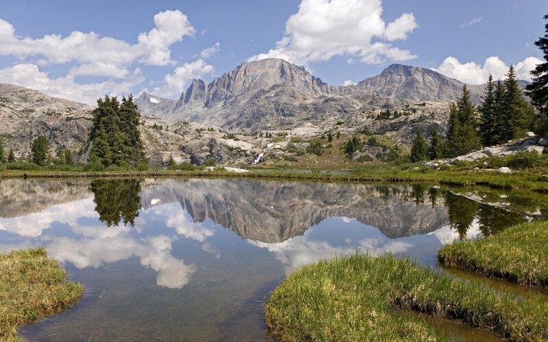 Mountain Reflected in Lake — Blue, Serene, Afternoon, Photograph, Trees, Clouds, Mountains