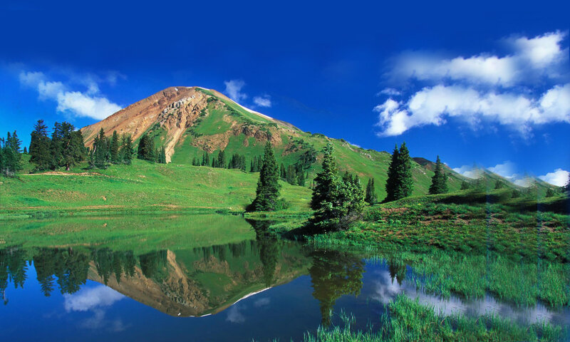 Mountain Reflected in Lake — Blue, Serene, Afternoon, Photograph, Trees, Clouds