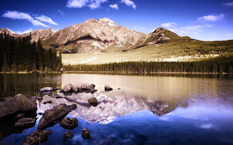 Mountain Reflected in Lake — Blue, Serene, Afternoon, Photograph, Trees, Rocks, Sky