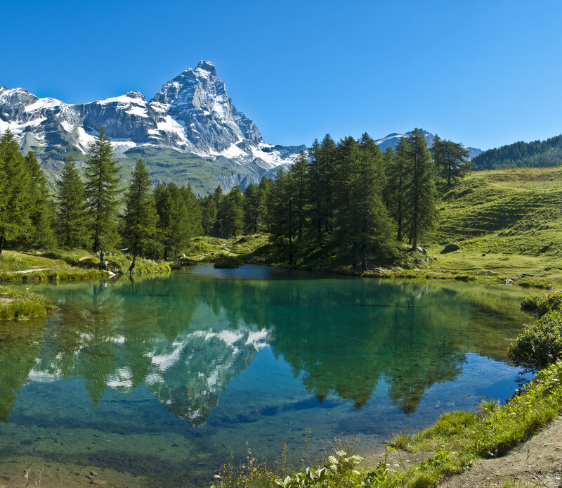 Mountain Reflected in Lake — Blue, Serene, Afternoon, Photograph, Trees, Snow-capped Peak
