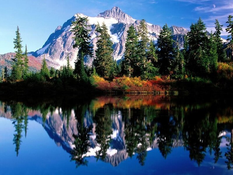 Mountain Reflected in Lake — Blue, Serene, Afternoon, Photograph, Trees, Snow, Sky, Forest