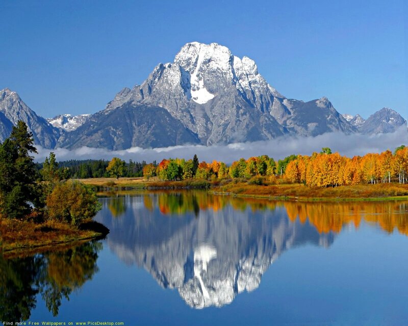 Mountain Reflected in Lake — Blue, Serene, Autumn, Photograph, Trees, Clouds, White