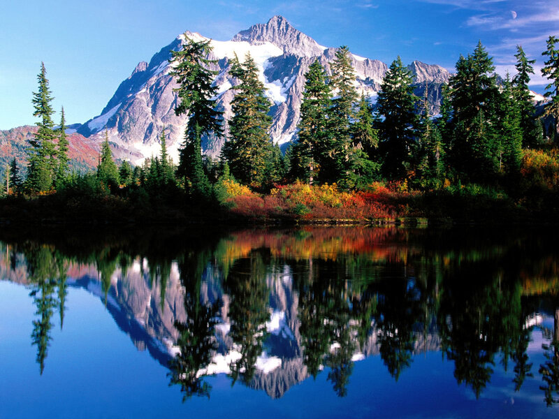 Mountain Reflected in Lake — Blue, Serene, Autumn, Photograph, Trees, Snow, Forest, Green