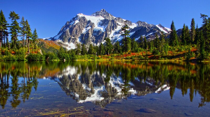 Mountain Reflected in Lake — Blue, Serene, Autumn, Photograph, Trees, Snow, Forest, Green, White