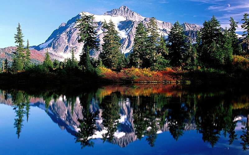 Mountain Reflected in Lake — Blue, Serene, Autumn, Photograph, Trees, Snow, Sky