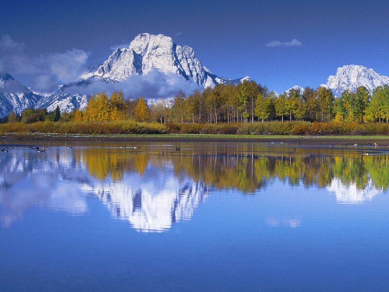Mountain Reflected in Lake — Blue, Serene, Autumn