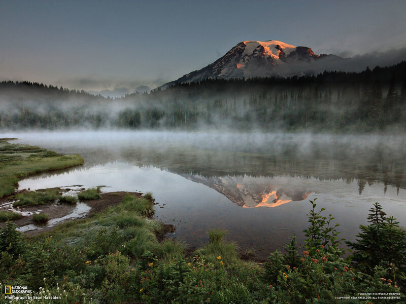 Mountain Reflected in Lake — Blue, Serene, Morning, Photograph, Fog