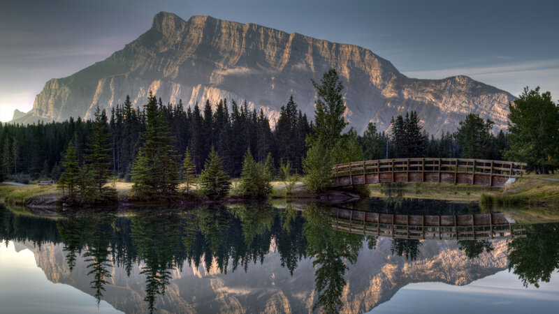 Mountain Reflected in Lake — Blue, Serene, Morning, Photograph, Forest, Bridge, Trees