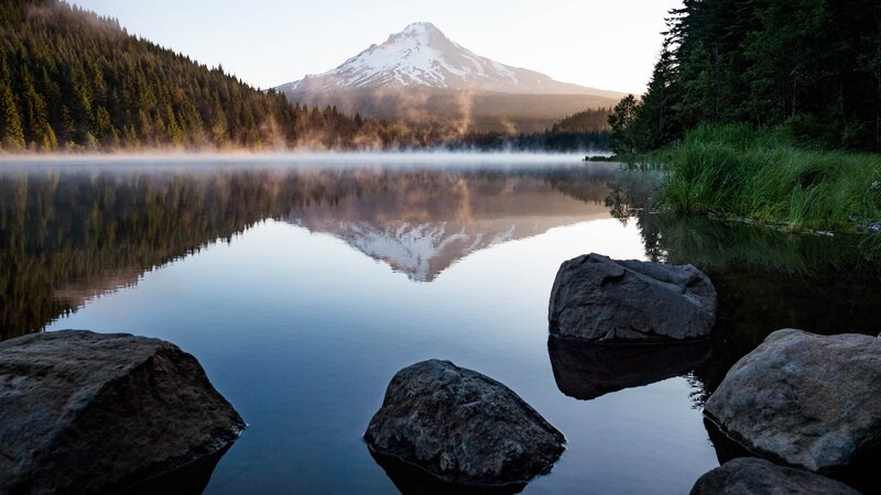 Mountain Reflected in Lake — Blue, Serene, Morning, Photograph, Forest, Fog