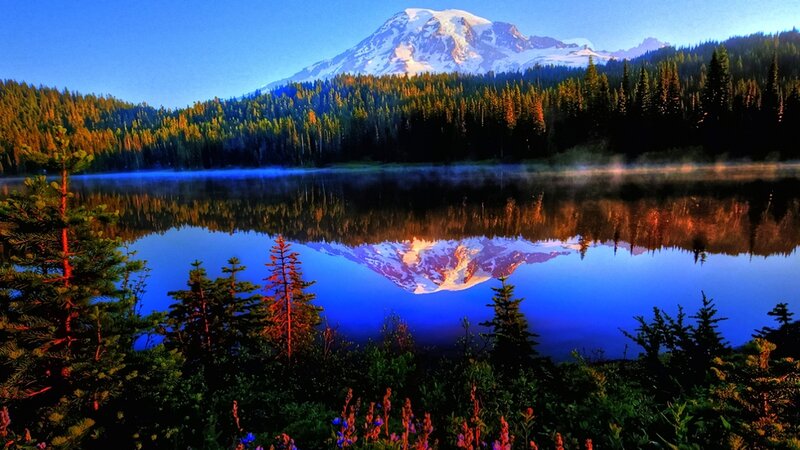 Mountain Reflected in Lake — Blue, Serene, Morning, Photograph, Forest, Mist, Trees, Green