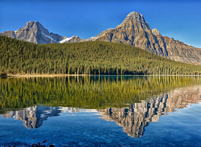 Mountain Reflected in Lake — Blue, Serene, Morning, Photograph, Forest, Mountains, Green