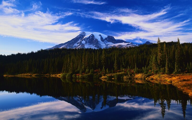 Mountain Reflected in Lake — Blue, Serene, Morning, Photograph, Forest, Snow, Sky