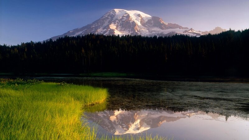 Mountain Reflected in Lake — Blue, Serene, Morning, Photograph, Forest, Snow
