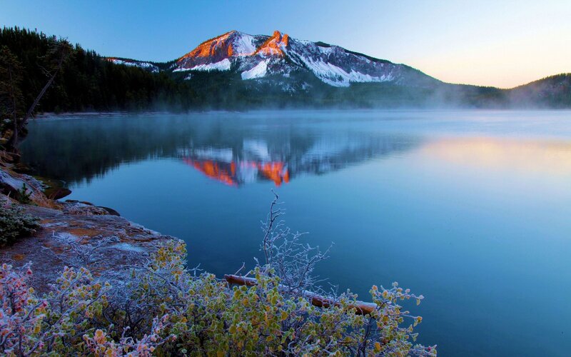 Mountain Reflected in Lake — Blue, Serene, Morning, Photograph, Frost