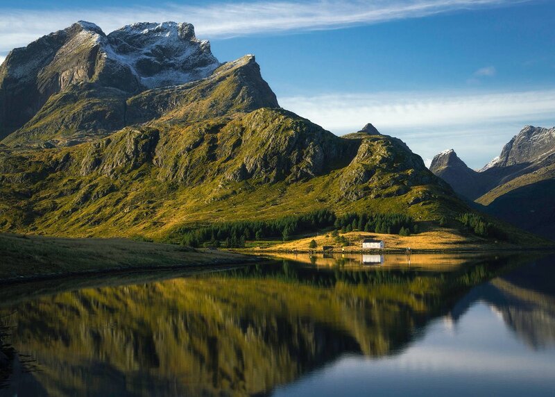 Mountain Reflected in Lake — Blue, Serene, Morning, Photograph, House