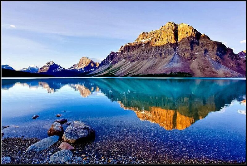 Mountain Reflected in Lake — Blue, Serene, Morning, Photograph, Rocks, Mountains