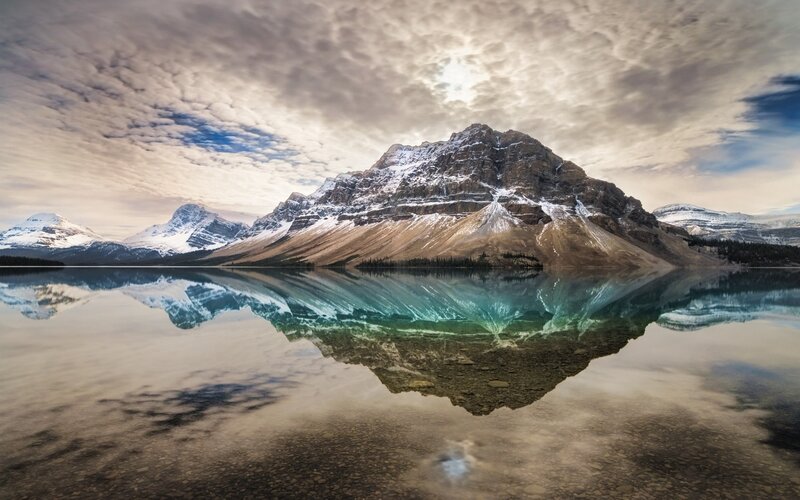 Mountain Reflected in Lake — Blue, Serene, Morning, Photograph, Snow, Clouds