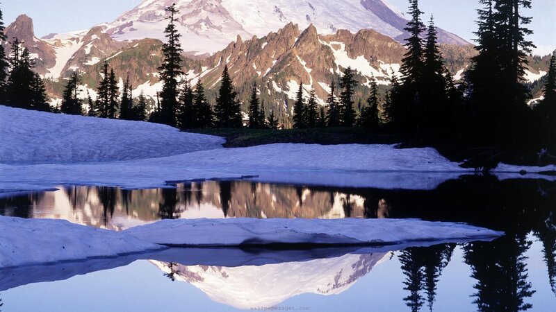 Mountain Reflected in Lake — Blue, Serene, Morning, Photograph, Snow