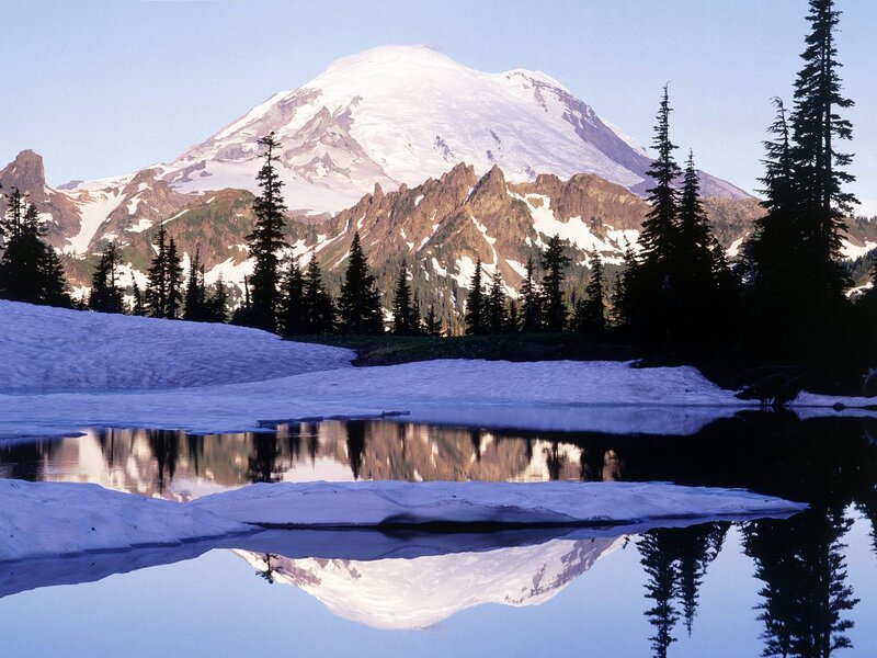 Mountain Reflected in Lake — Blue, Serene, Morning, Photograph, Snow, Trees