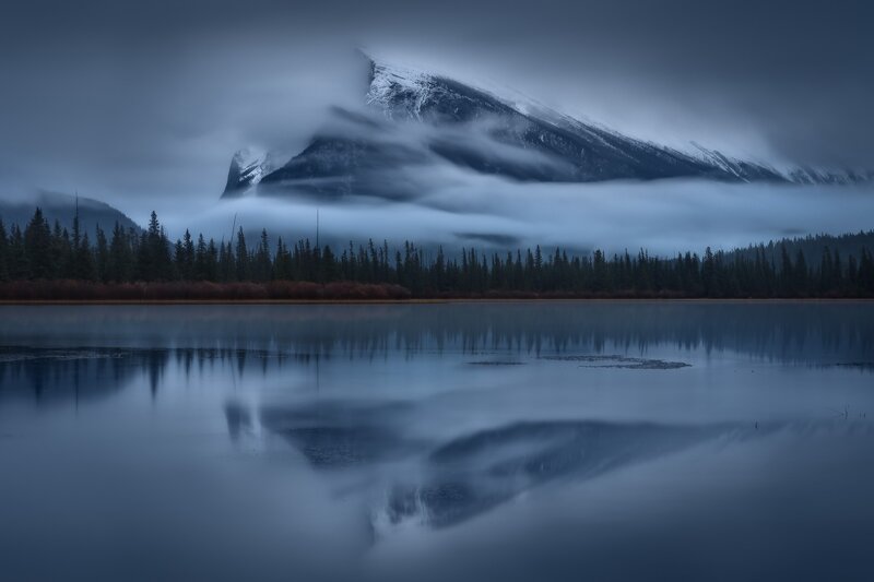 Mountain Reflected in Lake — Blue, Serene, Morning, Photograph, Trees, Clouds, Snow