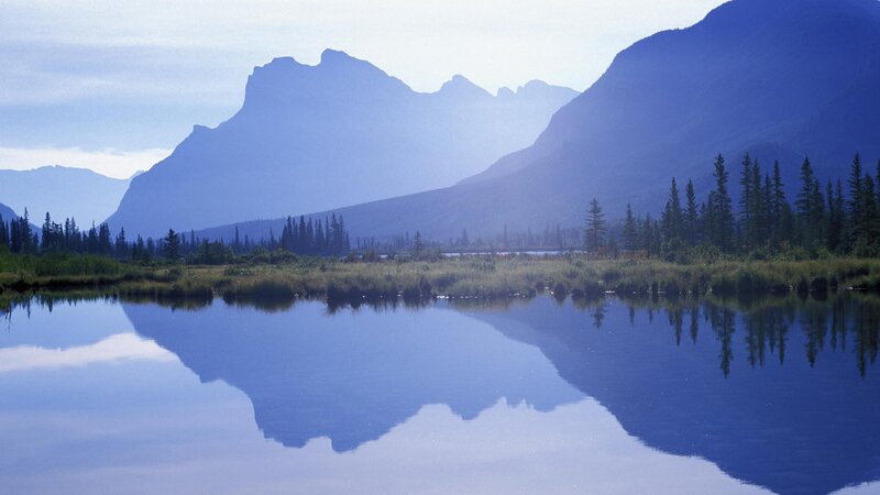 Mountain Reflected in Lake — Blue, Serene, Morning, Photograph, Trees, Mountains, Green