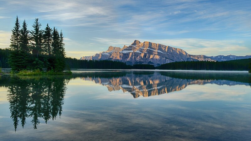 Mountain Reflected in Lake — Blue, Serene, Morning, Photograph, Trees, Mountains