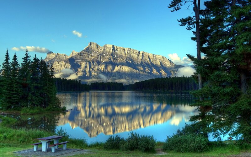 Mountain Reflected in Lake — Blue, Serene, Morning, Photograph, Trees, Picnic Table, Clouds