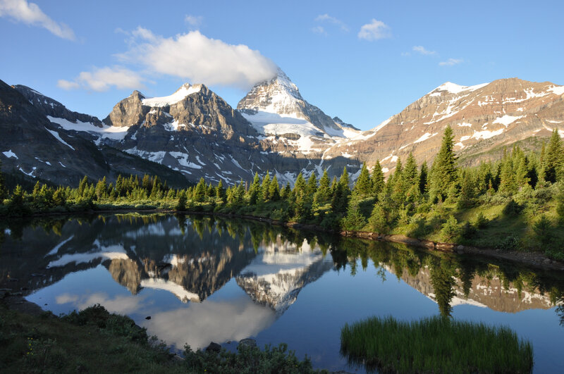 Mountain Reflected in Lake — Blue, Serene, Morning, Photograph, Trees, Snow, Clouds