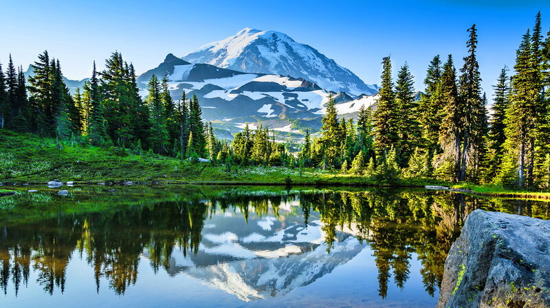 Mountain Reflected in Lake — Blue, Serene, Morning, Photograph, Trees, Snow