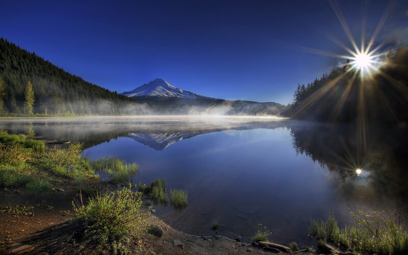 Mountain Reflected in Lake — Blue, Serene, Morning